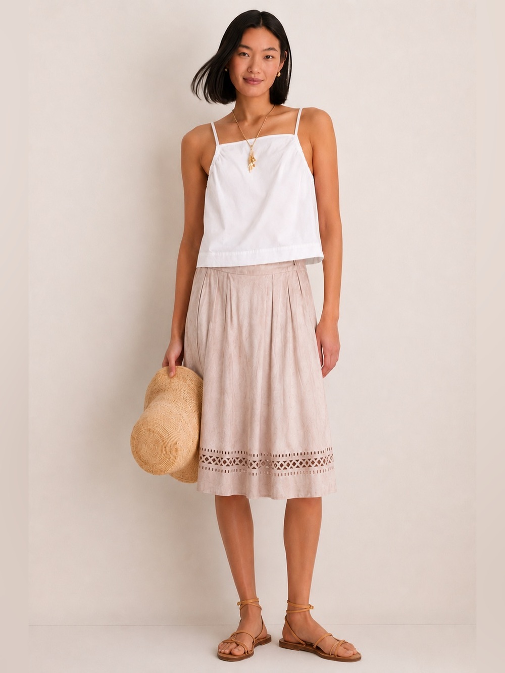 Coin 1804 Suede Lasercut Midi Skirt Tan Taupe 40